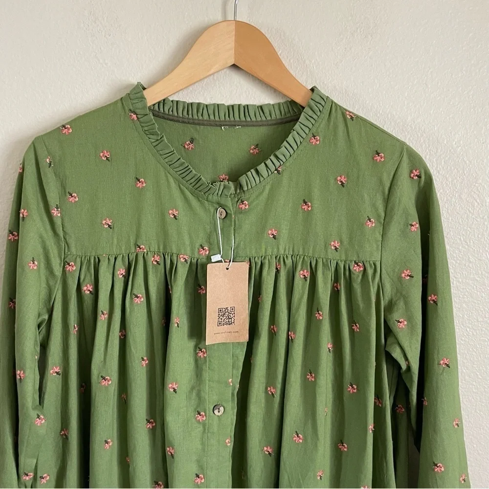 Soolinen Floral Embroidered Belted Midi Button Front Dress Green Size Large